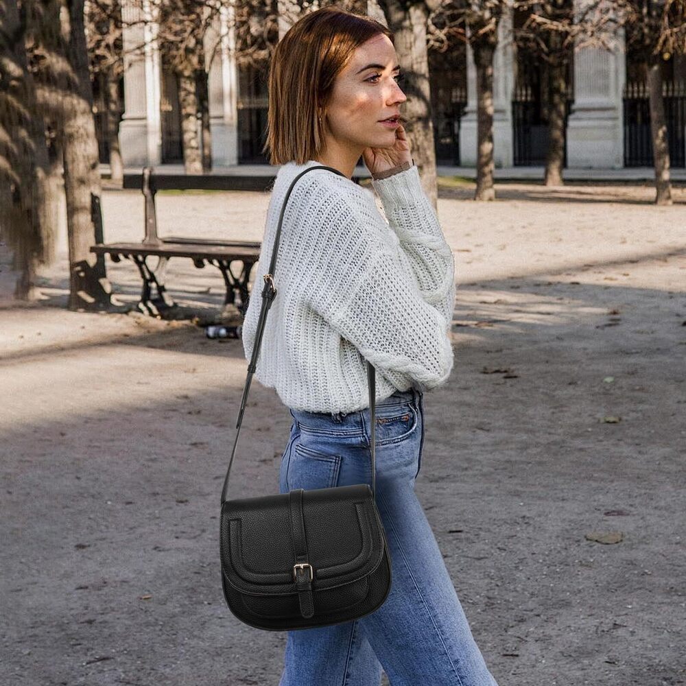 8175 Crossbody Bags Saddle Purse Cute Shoulder Handbag Pebble Leather Black - Picture 2 of 7